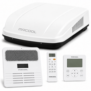 MRCOOL TravelCool 15,000 BTU white RV inverter heat pump complete kit featuring the MRDHP15W-D rooftop unit, MDRDK ducted ceiling assembly, wireless remote control, wired wall controller, designed for quiet cooling, heat pump heating, and RV climate control.