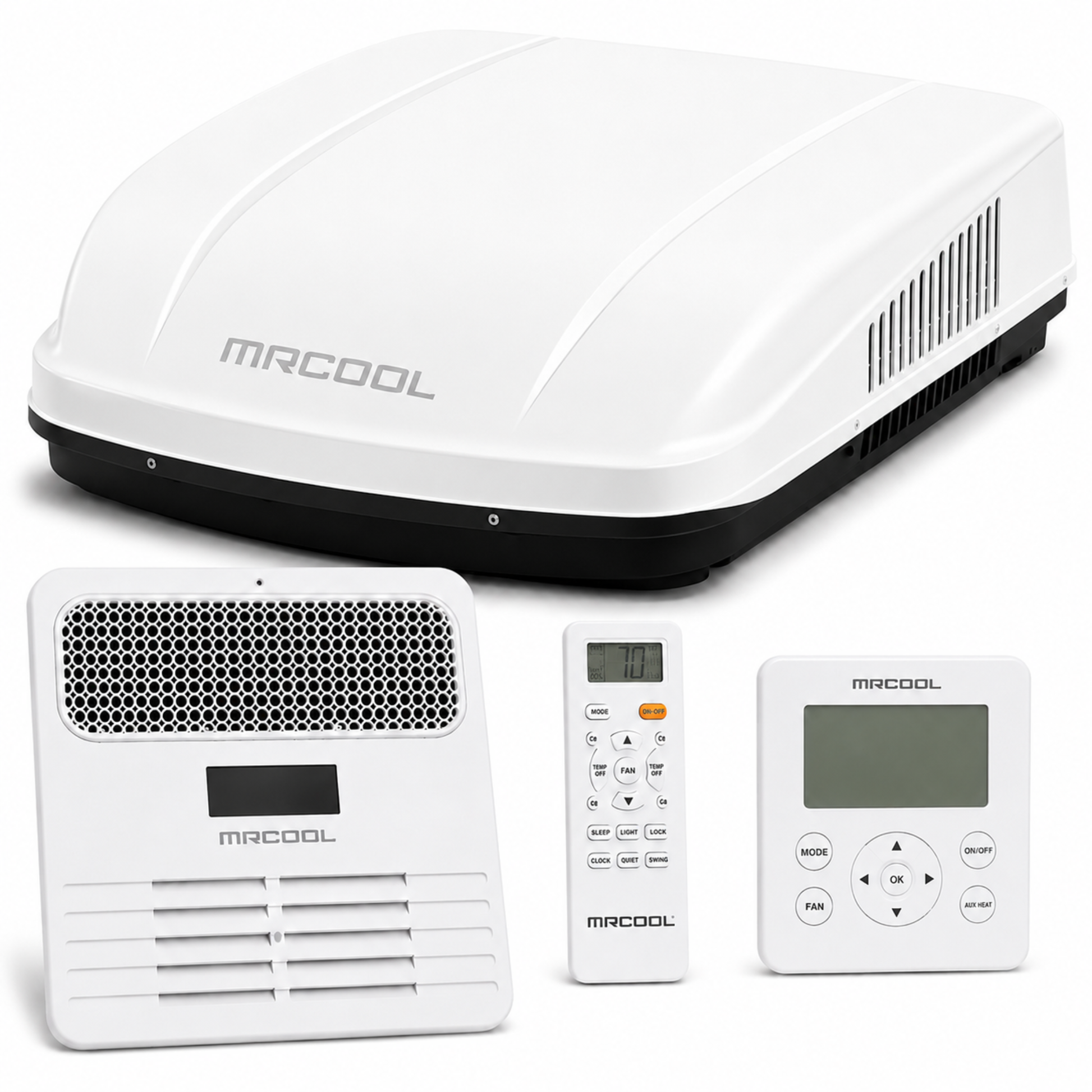 MRCOOL TravelCool 15,000 BTU white RV inverter heat pump complete kit featuring the MRDHP15W-D rooftop unit, MDRDK ducted ceiling assembly, wireless remote control, wired wall controller, designed for quiet cooling, heat pump heating, and RV climate control.