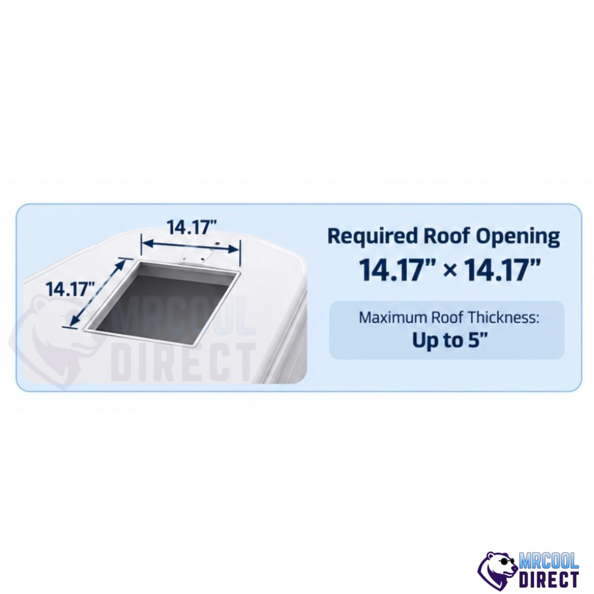 MRCOOL® TravelCool™ RV rooftop installation infographic showing the required 14.17-inch × 14.17-inch roof opening and maximum roof thickness of 5 inches for compatible MRCOOL® TravelCool™ 15,000 BTU RV inverter heat pump systems. OEM installation guide for campers, motorhomes, fifth wheels, travel trailers, toy haulers, van conversions, and RV roof replacement projects.