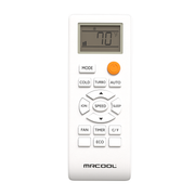 A white MRCOOL wireless remote control with a digital LCD screen and various buttons including Mode, Cold, Turbo, Auto, Speed, and Eco, shown on a plain white background.