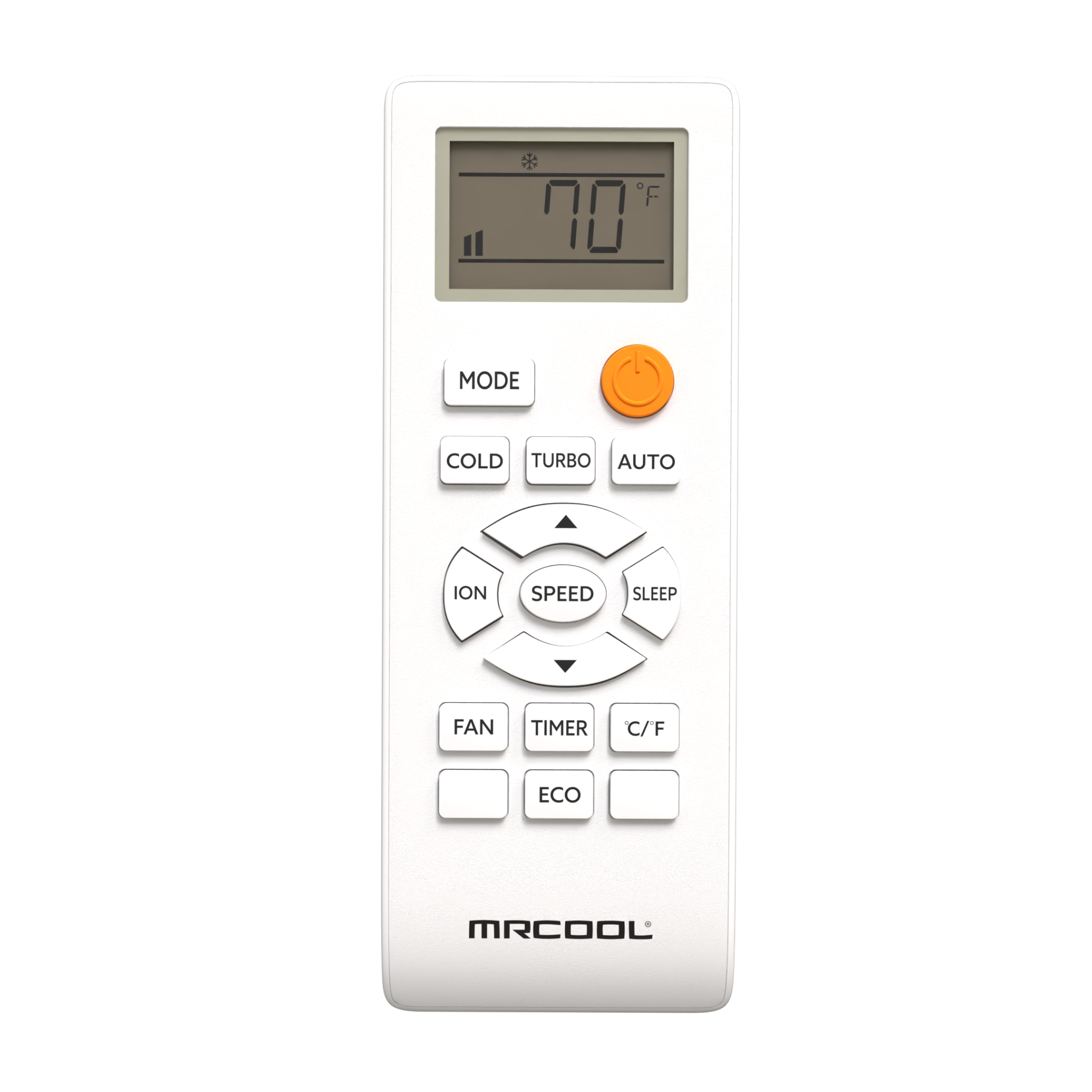 A white MRCOOL wireless remote control with a digital LCD screen and various buttons including Mode, Cold, Turbo, Auto, Speed, and Eco, shown on a plain white background.