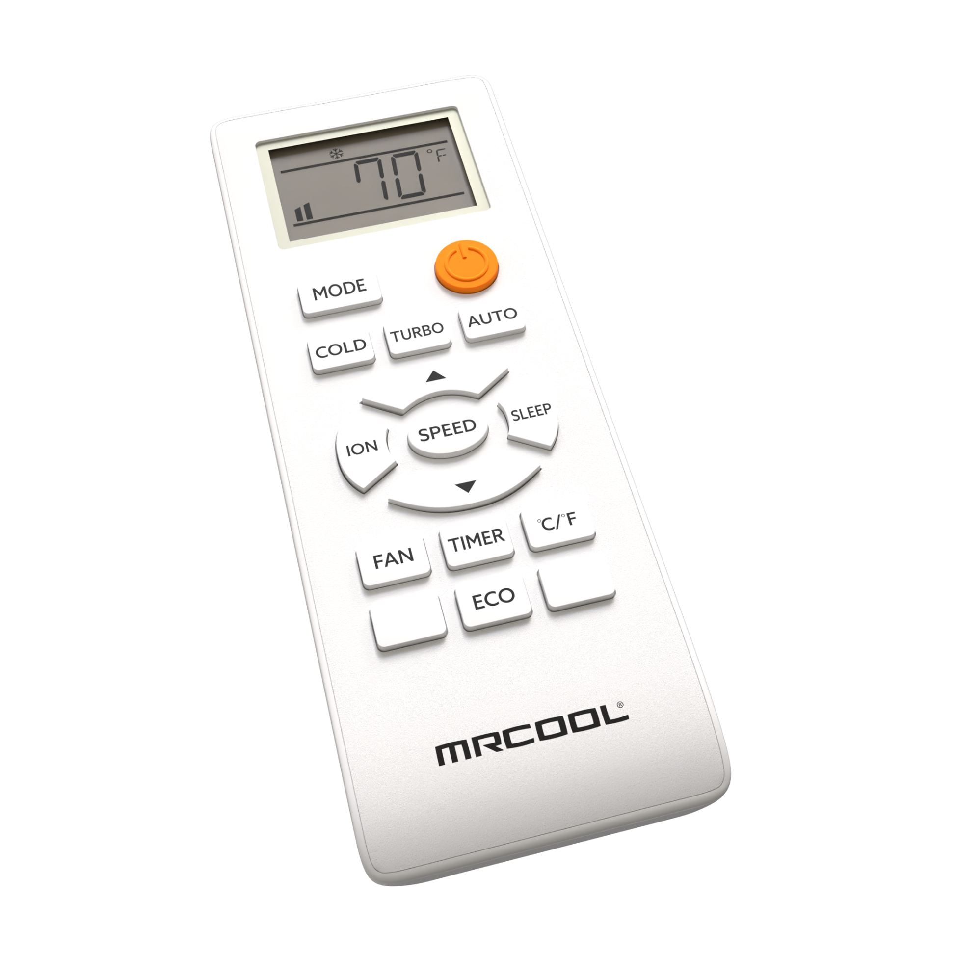 Angled view of the MRCOOL® TravelCool™ wireless remote control included with MRDHP15W-D and MRDHP15K-D 15,000 BTU RV rooftop inverter heat pump systems. Features mode selection, cooling, heating, turbo mode, fan speed, sleep mode, ECO mode, timer, temperature adjustment, and wireless operation for compatible TravelCool™ rooftop air conditioners.