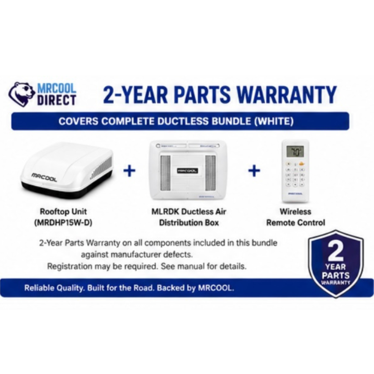 MRCOOL TravelCool RV White Ductless Bundle 2-Year Parts Warranty featuring the MRDHP15W-D rooftop inverter heat pump, MLRDK ductless air distribution box, and wireless remote control for RV heating and cooling.