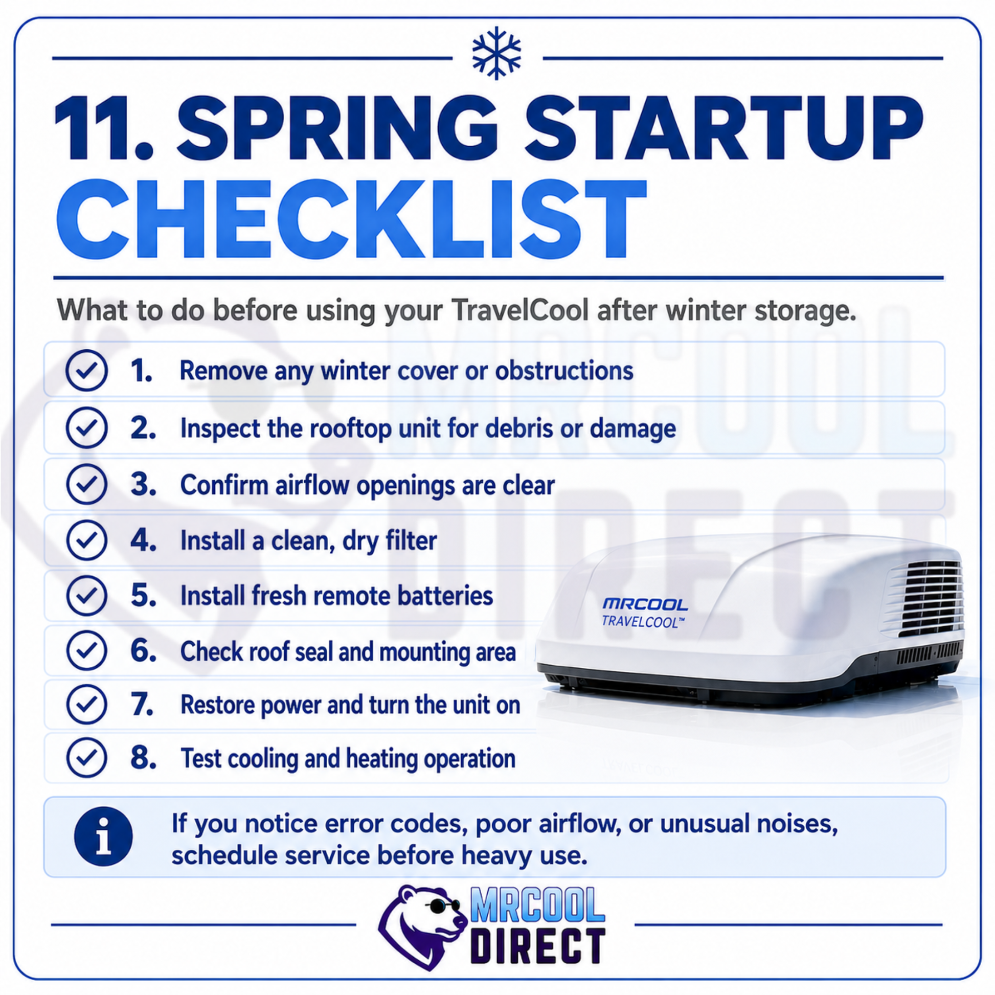 MRCOOL® TravelCool™ spring startup checklist after winter storage showing how to remove covers and obstructions, inspect the rooftop unit, clear airflow openings, install a clean dry filter and fresh remote batteries, check the roof seal, restore power, and test cooling and heating operation.