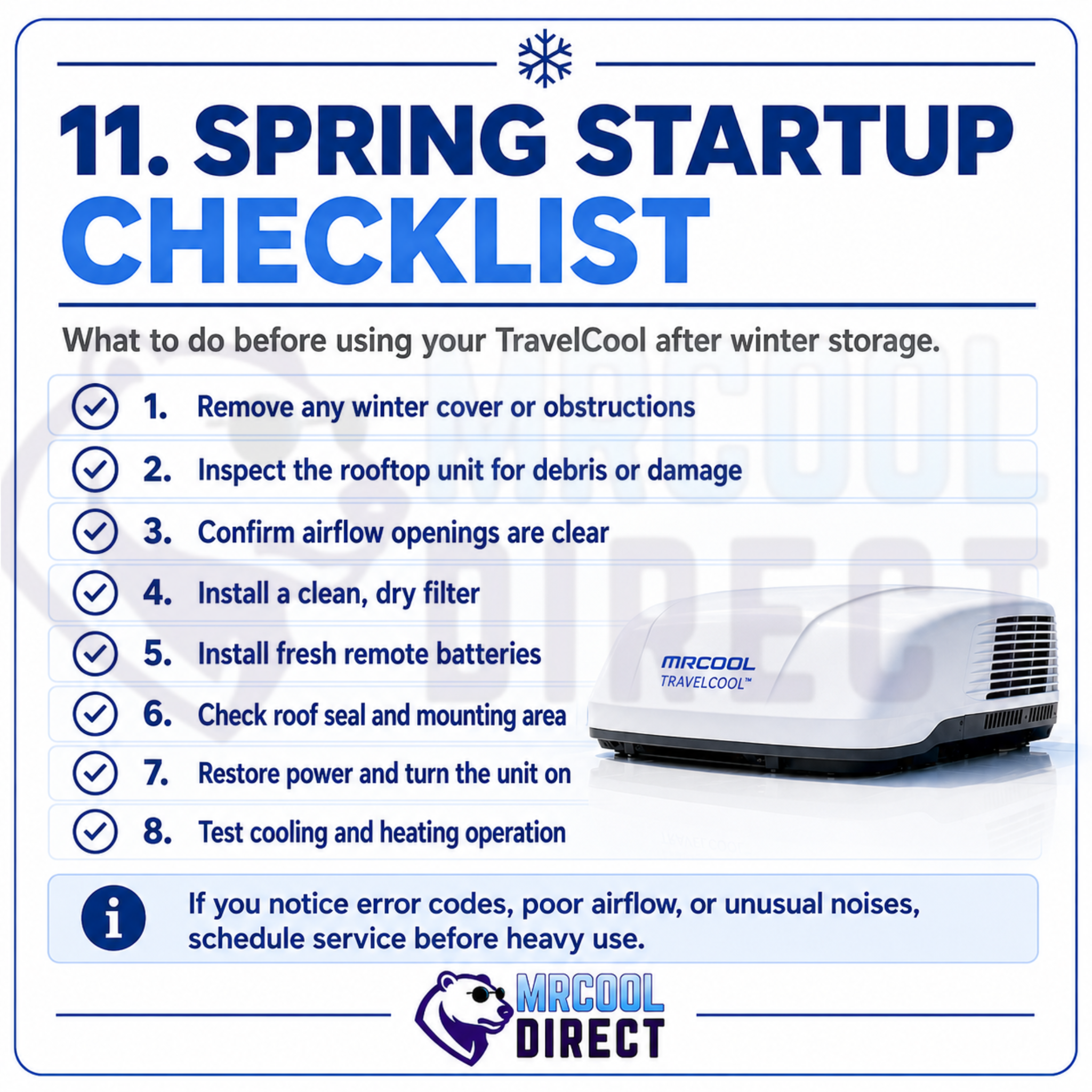 MRCOOL® TravelCool™ spring startup checklist after winter storage showing how to remove covers and obstructions, inspect the rooftop unit, clear airflow openings, install a clean dry filter and fresh remote batteries, check the roof seal, restore power, and test cooling and heating operation.