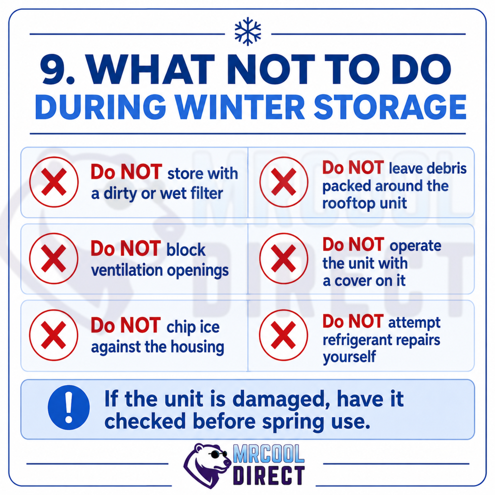 MRCOOL® TravelCool™ winter storage infographic showing what not to do, including storing the unit with a dirty or wet filter, blocking ventilation openings, leaving rooftop debris, operating with a cover installed, chipping ice against the housing, and attempting refrigerant repairs without a qualified professional.
