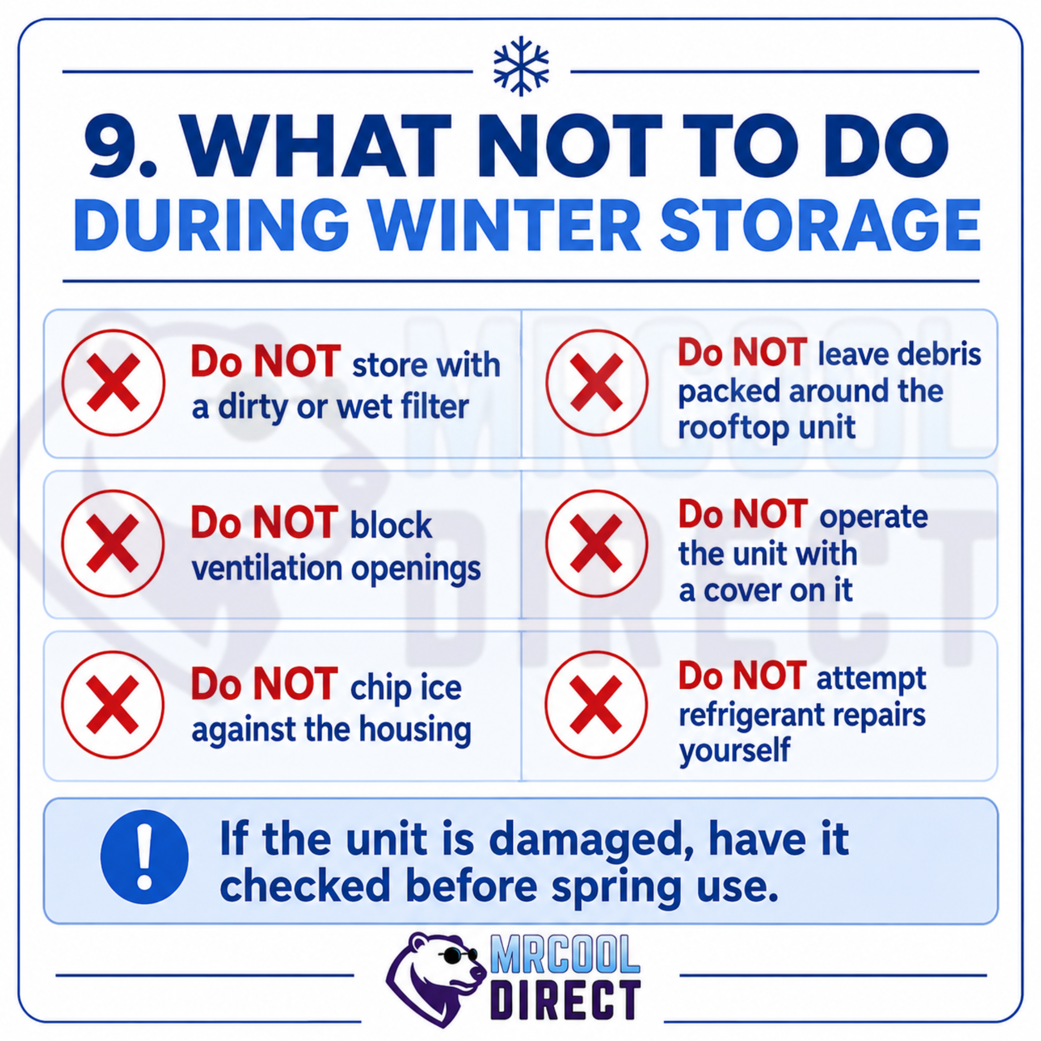 MRCOOL® TravelCool™ winter storage infographic showing what not to do, including storing the unit with a dirty or wet filter, blocking ventilation openings, leaving rooftop debris, operating with a cover installed, chipping ice against the housing, and attempting refrigerant repairs without a qualified professional.