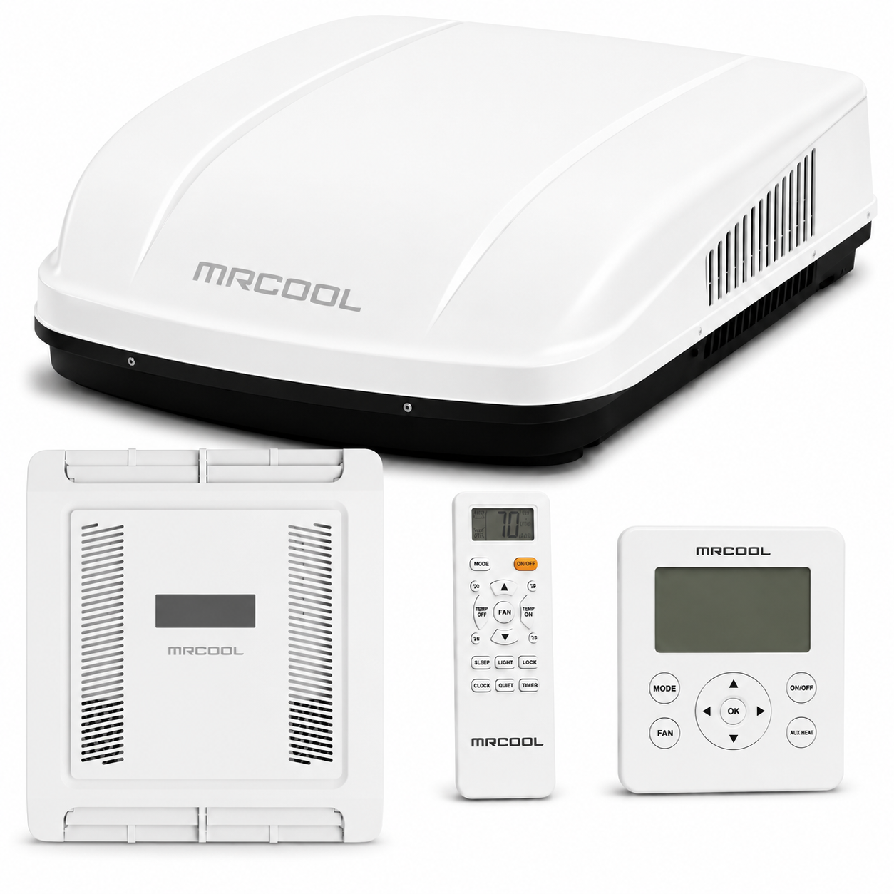 MRCOOL TravelCool white 15,000 BTU RV inverter heat pump ducted system with rooftop unit, ducted air distribution box, wireless remote and wired controller. MRDHP15WD-LCW