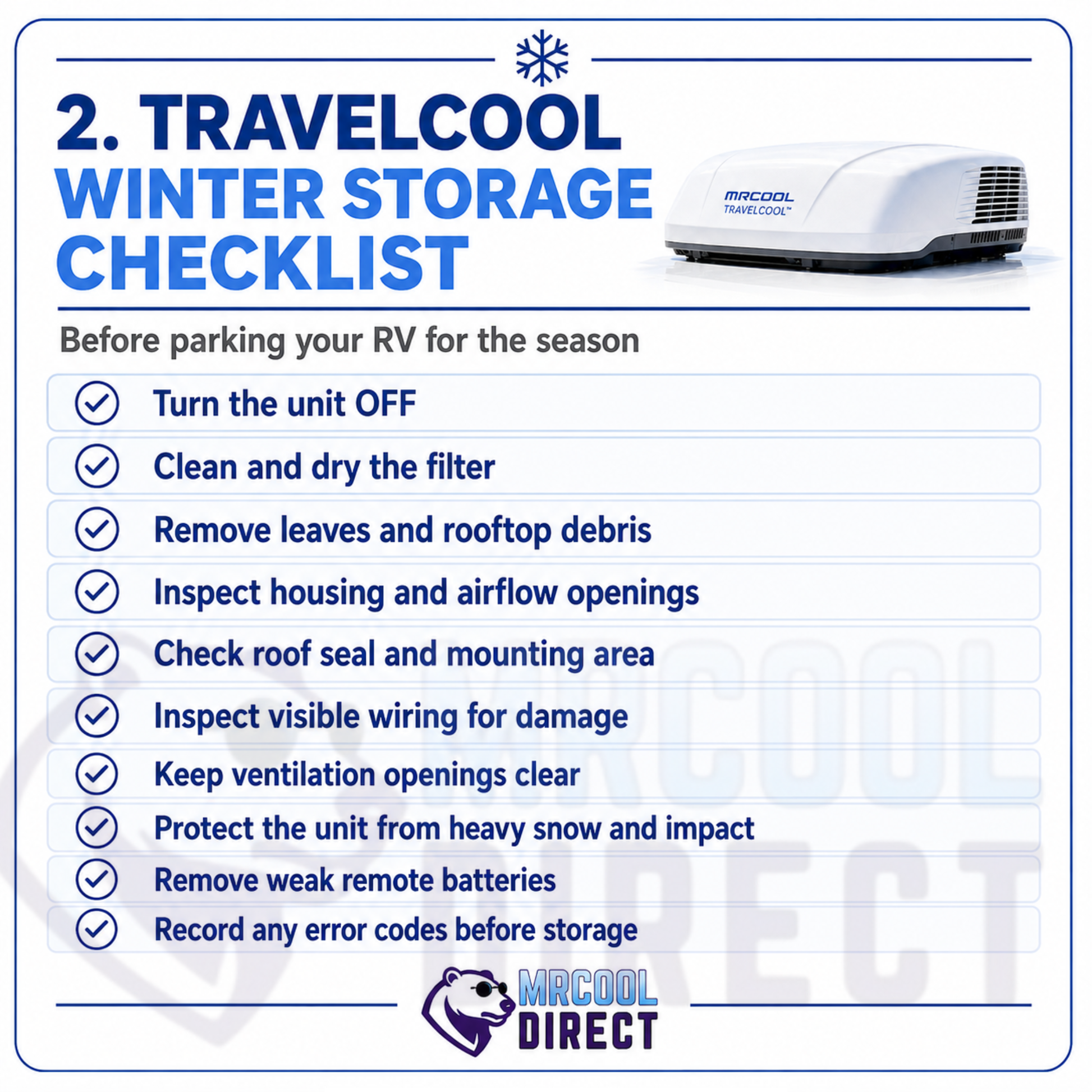 MRCOOL® TravelCool™ winter storage checklist for RV rooftop heat pump care including turning the unit off, cleaning and drying the filter, removing rooftop debris, inspecting housing and airflow openings, checking the roof seal and wiring, protecting against snow, removing weak remote batteries, and recording error codes before storage.