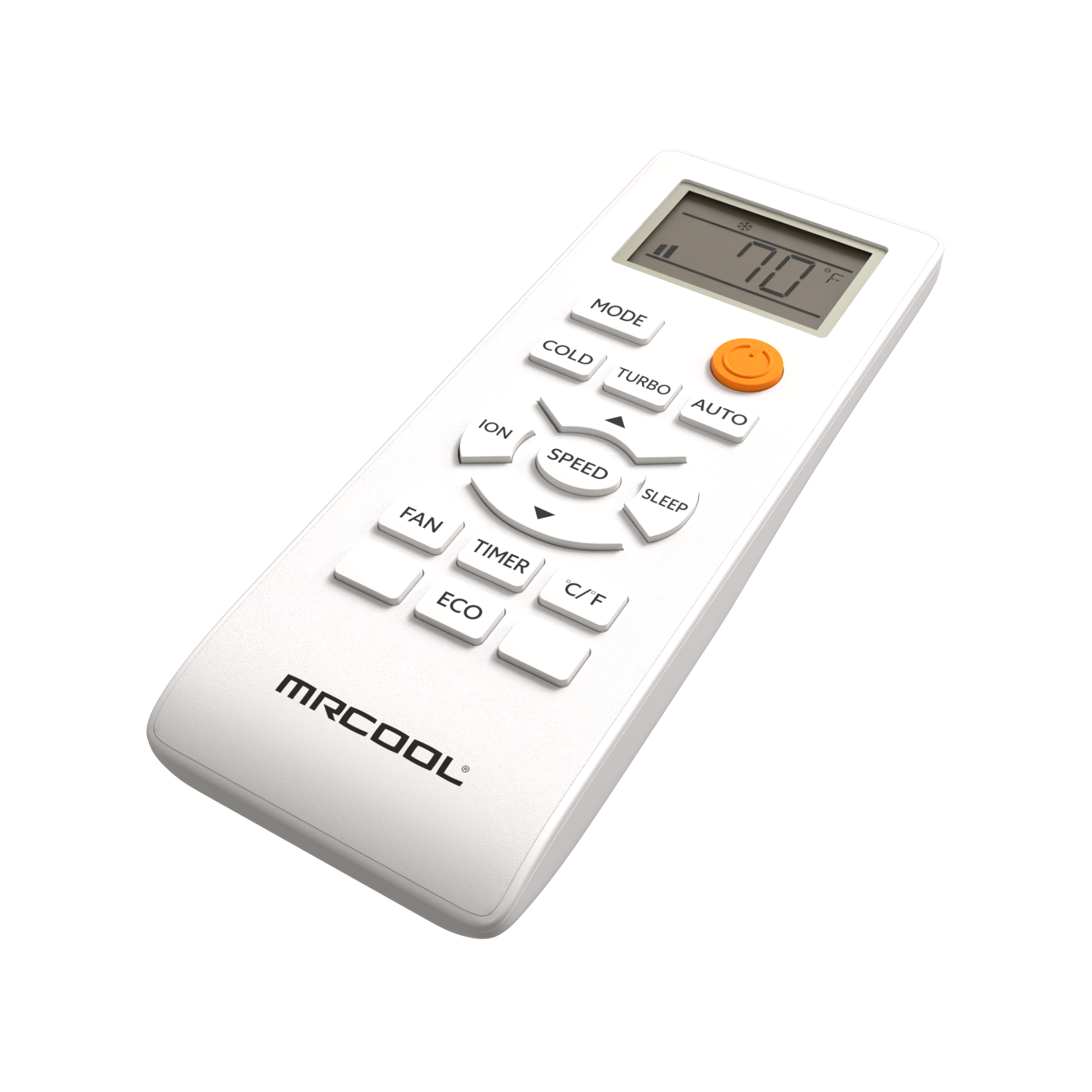 A white MRACOOL wireless remote control with a small LCD display screen and an orange power button, shown on a plain white background.