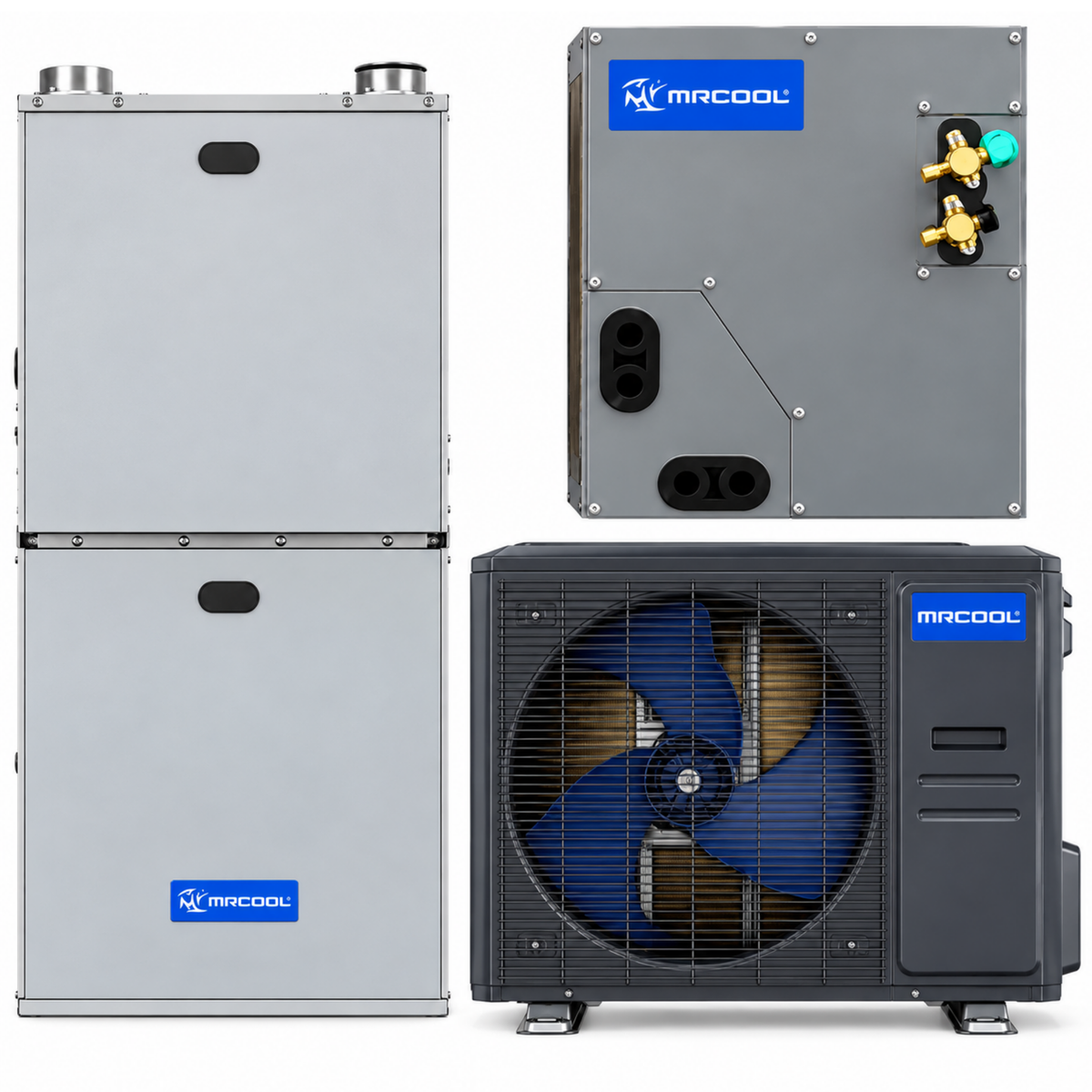 MRCOOL Universal 2 ton dual fuel system with UHP18024-O 24,000 BTU inverter heat pump condenser, 80K BTU 96% AFUE gas furnace, and pre-charged R-454B cased coil.