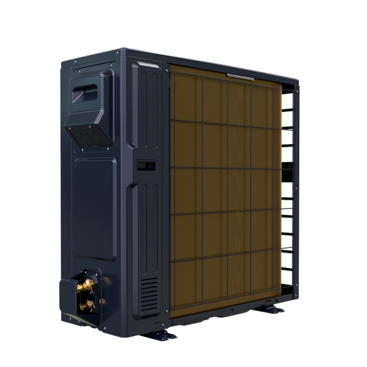 MRCOOL Universal 24,000 BTU 2 ton R-454B DC inverter heat pump condenser UHP18024-O rear side view showing coil and refrigerant connections
