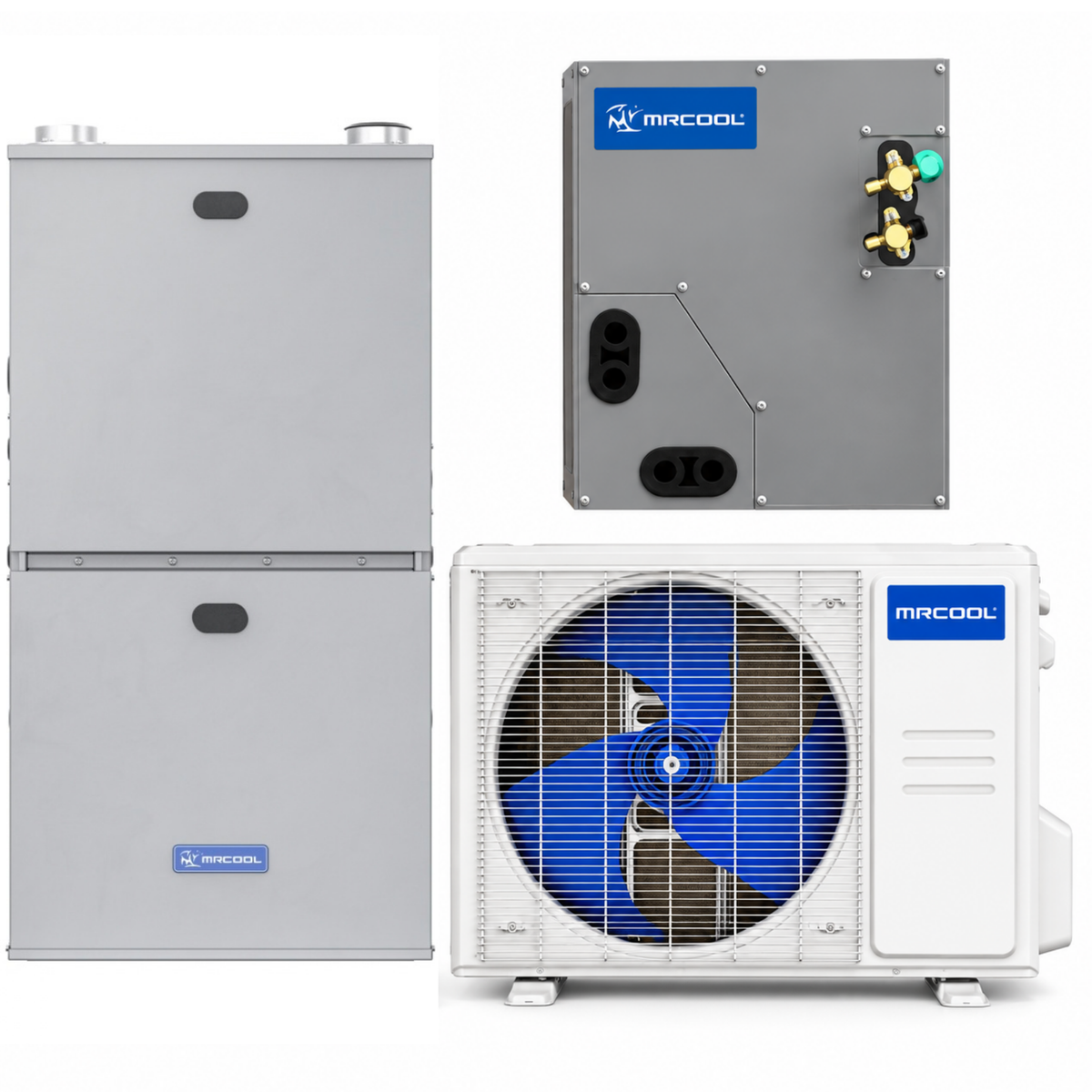 MRCOOL VersaPro 1.5 ton dual fuel HVAC system with 18,000 BTU heat pump condenser, 80,000 BTU 96% AFUE gas furnace and pre-charged indoor coil