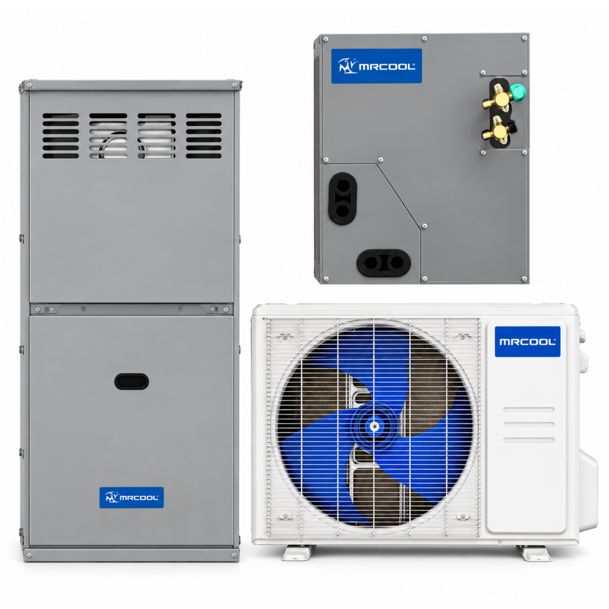 MRCOOL VersaPro 3 ton dual fuel HVAC system with 36,000 BTU heat pump, 80,000 BTU 80% AFUE gas furnace and R-454B pre-charged coil