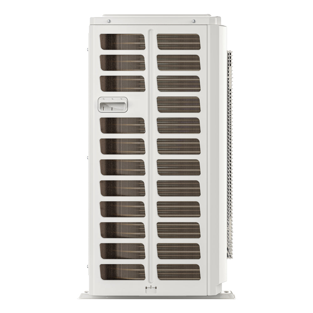 Side view of MRCOOL VersaPro 3 ton R-454B central ducted inverter heat pump condenser showing outdoor coil and refrigerant connections