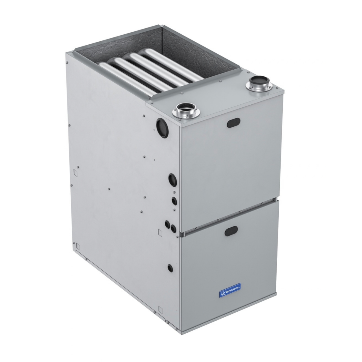 MRCOOL VersaPro 80,000 BTU 96% AFUE two-stage gas furnace MGM96EE080B3NB angled view showing tubular heat exchanger