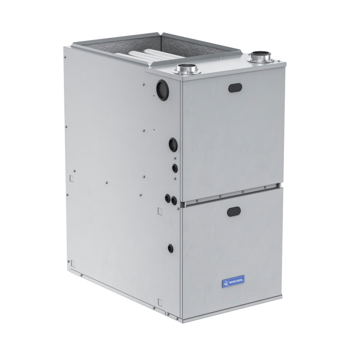 MRCOOL VersaPro 80,000 BTU 96% AFUE two-stage gas furnace rear angle view for dual fuel central ducted HVAC system