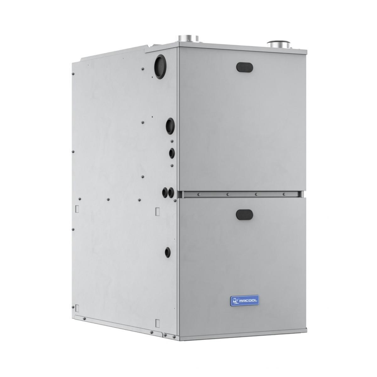 MRCOOL VersaPro 80,000 BTU 96% AFUE two-stage gas furnace side angle view for dual fuel central ducted HVAC system