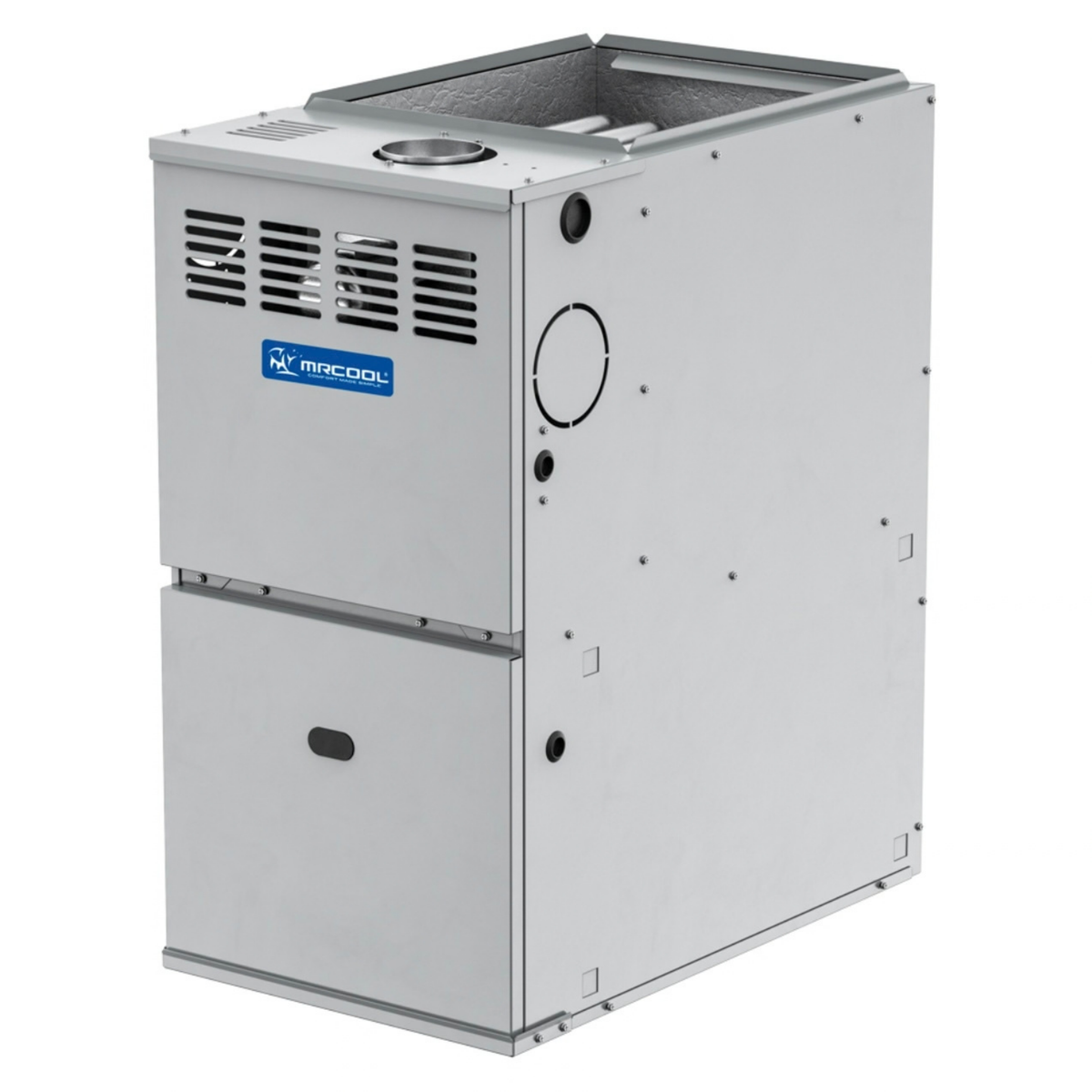 Angled view of MRCOOL VersaPro MGA80SE080B4C 80,000 BTU 80% AFUE multi-position natural gas furnace with 17.5 inch cabinet