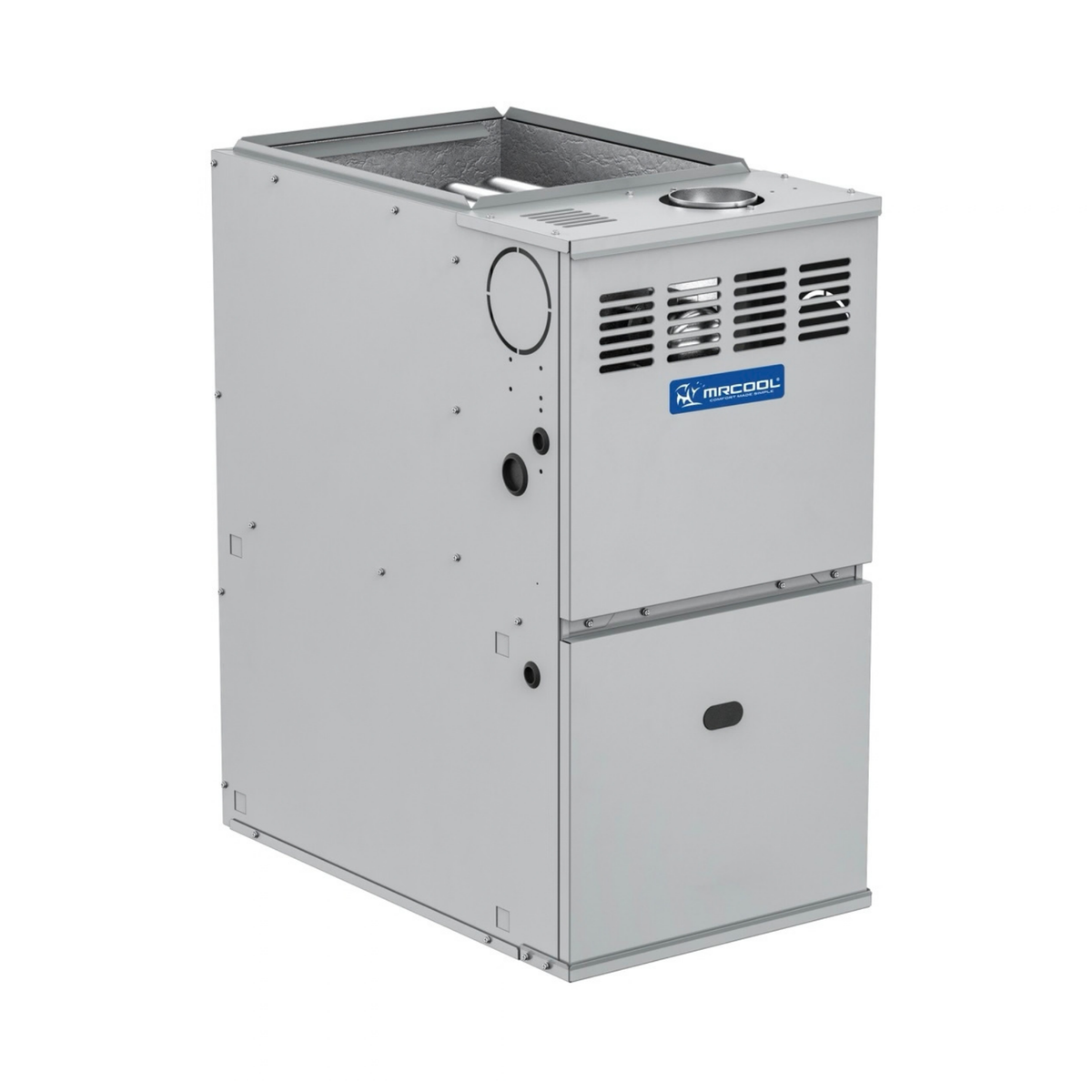 Side angle view of MRCOOL VersaPro MGA80SE080B4C 80,000 BTU 80% AFUE multi-position natural gas furnace with 17.5 inch cabinet