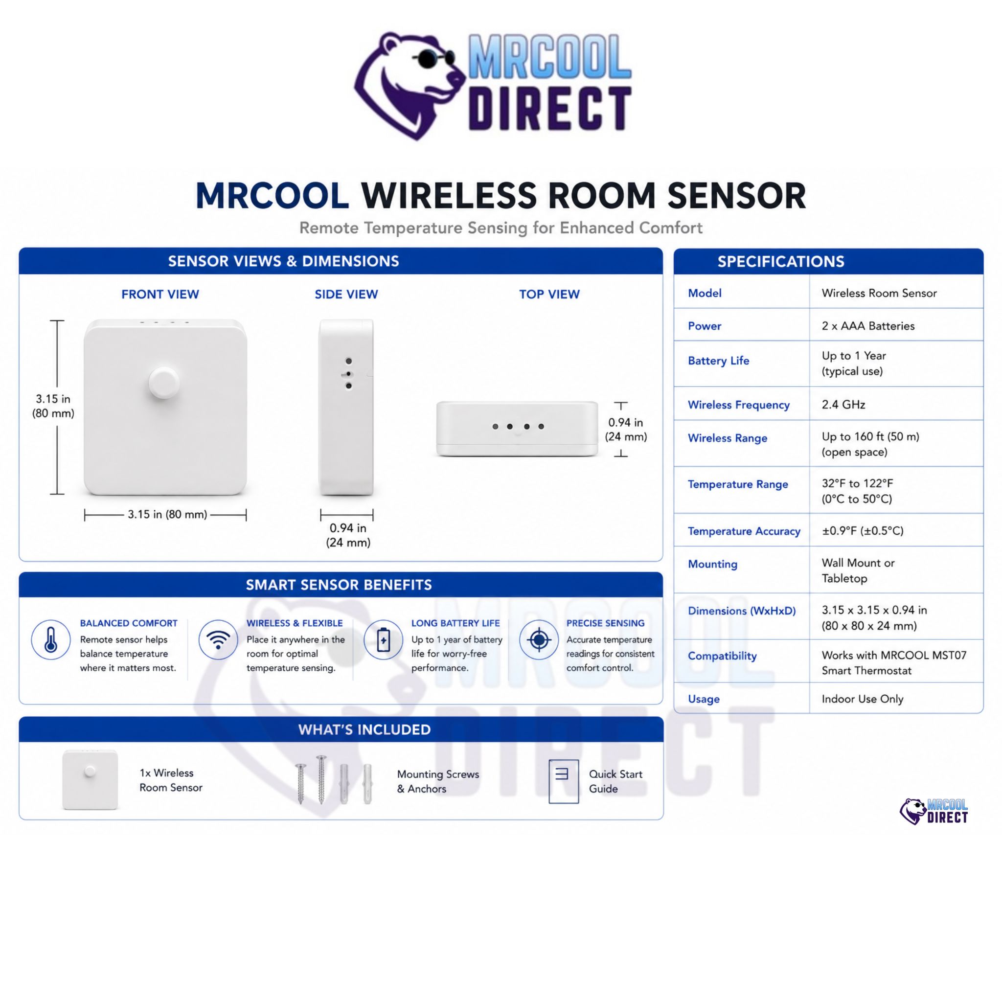 MRCOOL wireless room sensor MST07-S specifications chart showing front, side, and top views with dimensions, wireless range, battery life, temperature sensing accuracy, compatibility with MST07 smart thermostat, and included installation accessories.