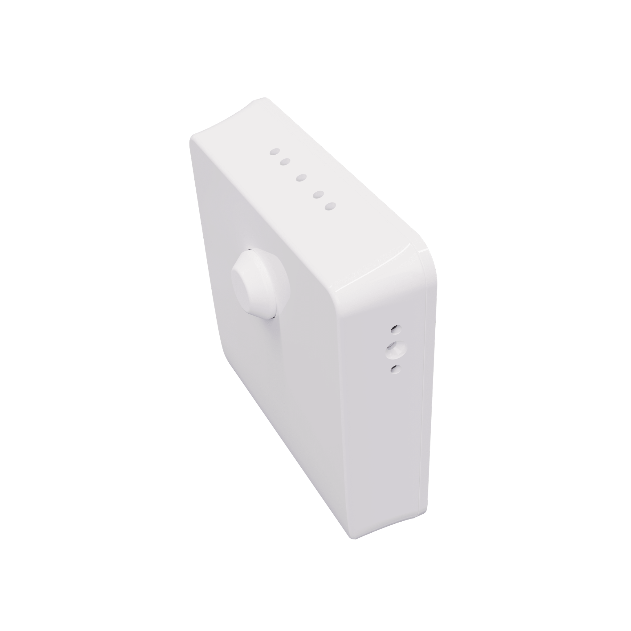 Side angle view of MRCOOL wireless room temperature sensor accessory for smart thermostat system with compact white housing and remote climate monitoring capability. MST07-S
